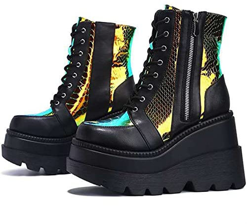 Stivali con Plateau for Donna Tacco a Zeppa Grosso Punta Tonda Primavera Autunno Stivali da Combattimento Antiscivolo Stivaletti con Lacci e Zip Tacco Alto (Color : Black, Size : 37 EU)