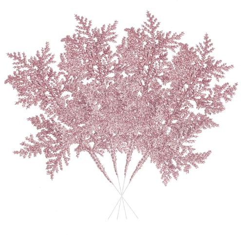 VEYLIN 10 Pcs Artificial Christmas Leaves Picks, Pink Glitter Leaves for Xmas Tree Wreath Festival Decoration