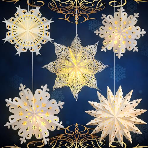 Mudder 5 Pieces Christmas Snowflake Paper Lantern with 7 Light up Star Paper 3D Hanging Lantern Lamp Party Decoration for Weddings Holiday Xmas Trees(Cute Style,White)