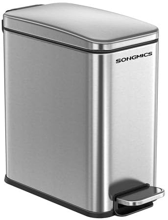 SONGMICS Poubelle de Salle de Bain 10L, Petit, Couvercle, Poubelle à Pédale pour Toilettes, Compact, Petit Espace, en Acier, Fermeture en Douceur, Argent LTB561E10