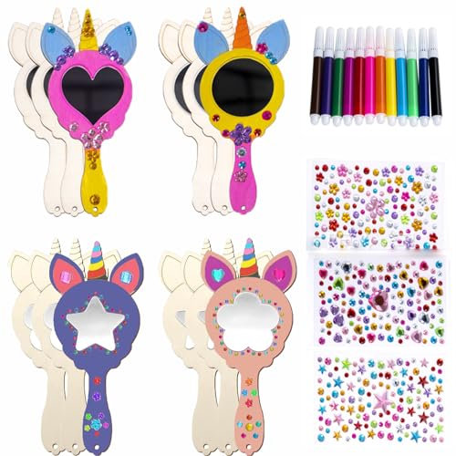 Einhorn Basteln - 26 Stücke Holzspiegel Handwerk für Kinder, Kindergeburtstag, Kinderspiegel Zum Bemalen, DIY Malen Dekoration