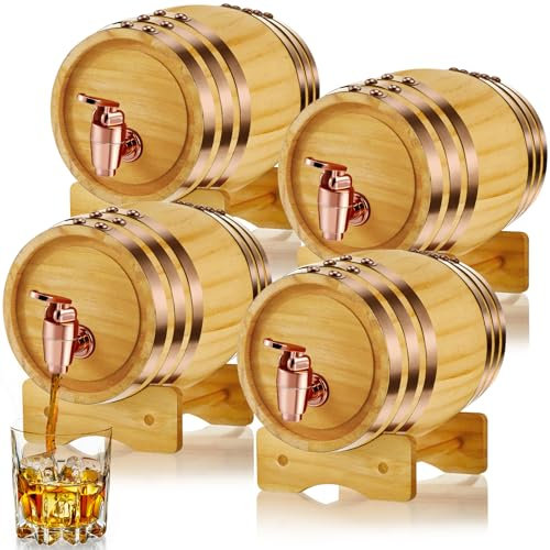 Thyle 1 Liter Vintage Whiskyfass Cocktail Tequila Rum Spirituosen Whiskey Spender Alkohol Fass Fass mit Ständer für Zuhause Tisch Display Aufbewahrung (4 Stück)