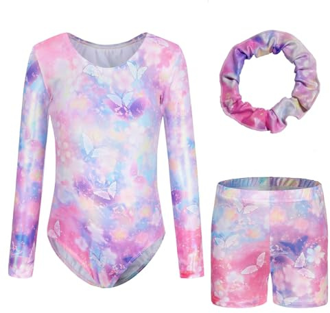 Sinoeem Justaucorps de Gymnastique pour Fille à Manches Longues/sans Manches,Vêtements de Danse de Ballet. (B132set-Butterfly-Long, 9-10 ans)