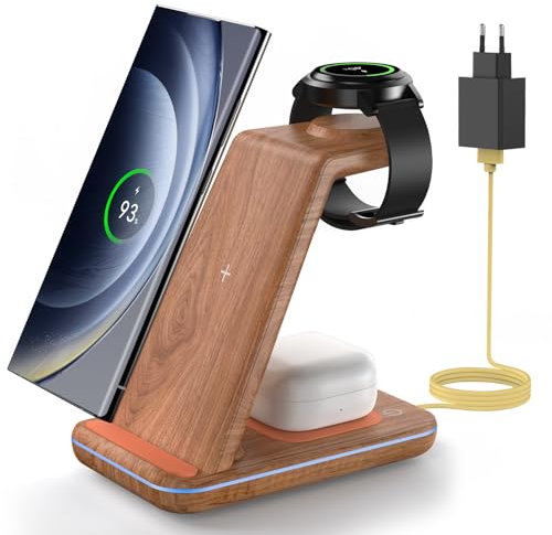JoyGeek Station de Charge pour Samsung, 3 en 1 Chargeur Induction para Samsung S25/S24/S23/S22/S21/ZFlip/Fold, Chargeur sans fil para Galaxy Watch Ultra/8/7/6, Wireless Charger para Galaxy Buds-Bambou