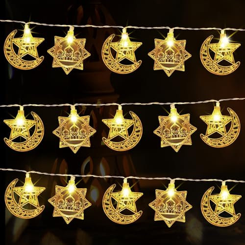 IWTBNOA Ramadan Eid Lichterkette, 3M 20LED LED Muslim Ramadan Lichterkette, Eid Stern Mond Lichterketten, Eid Mubarak Licht, Batteriebetrieben für Ramadan Dekoration Außen Innen Zuhause Garten