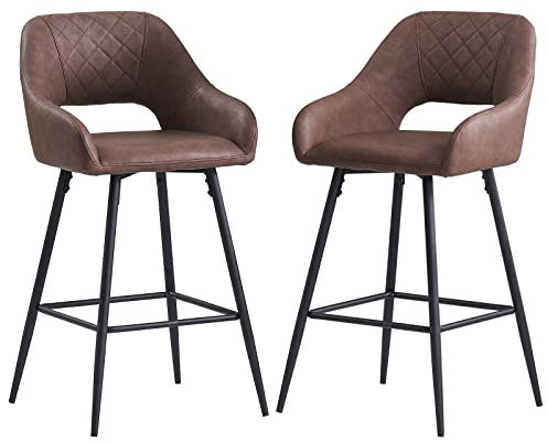 JYMTOM 2er Set Kunstleder Barhocker Grauer Hocker mit Armlehne Metallbeine Modern Design hohe Hocker für Esszimmer Bar Cafè und Counter (Kunstleder, Braun)