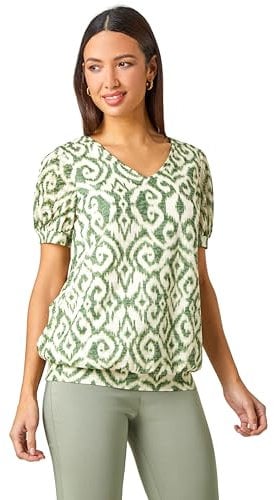 Roman Blouson Top for Women Ladies Bubble Hem Stretchy Jersey Puff Sleeve Summer Smart Casual Office Work Spring Everyday Evening Vacation Work Holiday V Neck - Green - Size 18