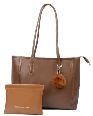 Mervokl Damen Handtasche mit Reißverschluss Shopper Tasche PU Leder Tote Bag Henkeltaschen Braun für Arbeit,Schule,Einkauf,mit Pelz Kugel Plüsch Schlüsselring und Lippenstift-Organisator