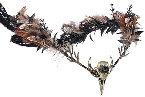 MOSTORY Couronne de plumes marron faite à la main – Serre-tête gothique, elfe et lune avec tête de mort corbeau et forêt foncé pour femme, sorcière, Renaissance, Halloween, cosplay, gothique, mariage