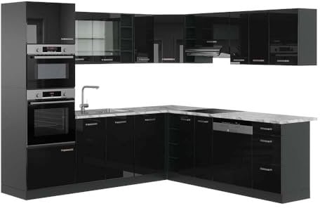 Vicco Eckküche R-Line, Schwarz Hochglanz/Anthrazit, 237 x 247 cm, AP Marmor