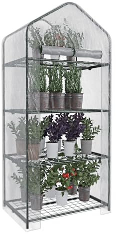 Serra A 3 Ripiani Da Giardino Per Orto Telaio In Acciaio Verniciato Telo In PVC Trasparente Porta Avvolgibile Apertura A Cerniera Protezione Piante Giardinaggio Design Sunnyside 69 x 49 x 125 Cm