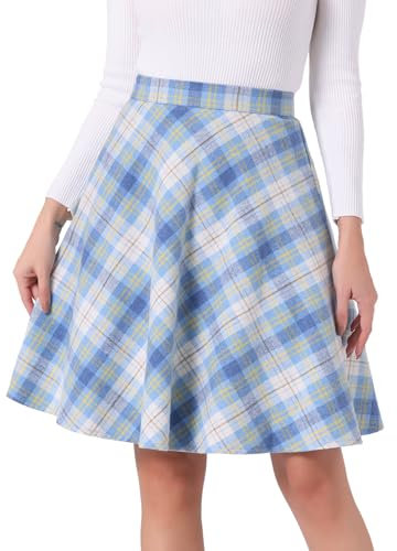 Allegra K Damen Karo Rock Festlich A-Linie Hohe Taille Kammgarn Kariert Midirock Blau Gelb XS