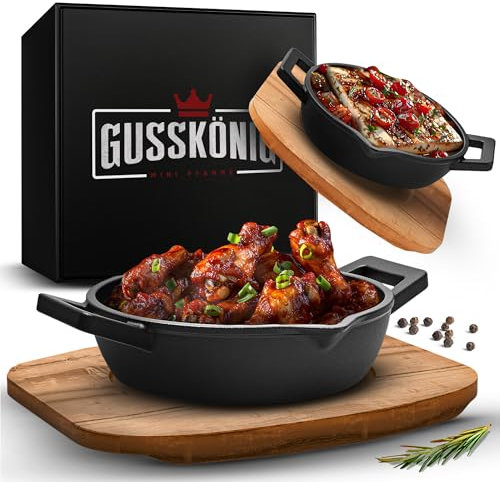 GUSSKÖNIG Poêles à Griller en Fonte pour Barbecue (Set de 2) avec Bois d'Acacia - Petite & Mini Poêle Ø 11 cm - Induction avec Livre de Recettes - Préchauffées
