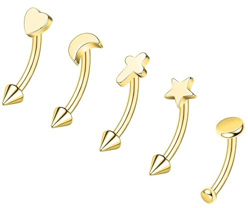 ZS 5 Stück Edelstahl Augenbrauenringe, 16G Gebogene Bauchnabelringe Nabe Barbell, Helix Daith Tragus Ohrringe Spike vertikaler Labret Lippenpiercing Schmuck für Männer Frauen (L:8mm)