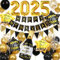 Silvester Deko 2026, Happy New Year Banner und 2026 Folienballos, Schwarze und Goldene Silvester Ballons, Neujahrsdeko, Silvesterpartydeko Accessoire für Silvesterparty