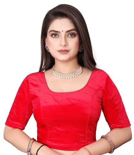 SEEANS Women's Velvet Stretchable Saree Blouse | Readymade Full-Stitched Half Sleeve Choli | Soft & Comfortable Partywear Crop Top | Traditional & Festive Wear | RED, 36 to 40 Bust Stretchy