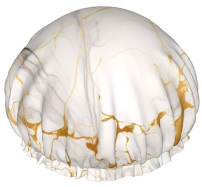 Double Layer Shower Cap Reusable Waterproof Shower Cap Gold White Marble Print Shower Caps for Women Uk