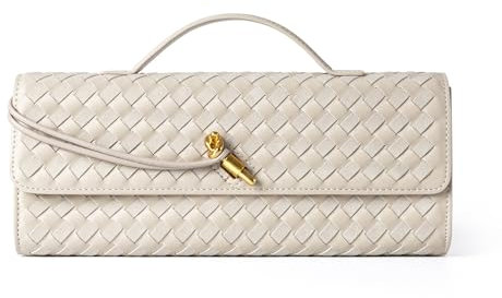 Joryin Gewebte Geldbörse für Damen, Abend-Clutch, gewebtes Leder, Umhängetasche, Wildleder-Geldbörse, formelle Abendtasche, Muschelweißes gewebtes Leder und Wildleder