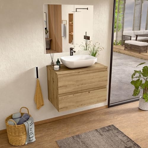 BELLOBATH - Mueble Baño Suspendido con Lavabo de Cerámica y Espejo, Mueble Baño con Lavabo Montado con 2 Cajones, 100 x 55 x 46 cm, Mueble Roble