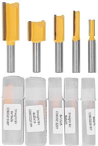 5pcs Carbid Tipped gerade Router Bit Set | 2 Flötengeschnittene Bits für Holz / MDF / Sperrholz | Universeller 8 -mm -Schaft zum Trimmen & Spülkanten | Wolframstahllegierung mit