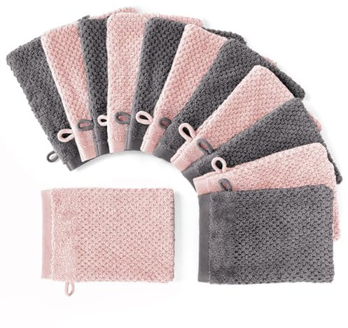 Pure Label 12-TLG. Waschhandschuh Waschlappen Set mit Anhängeschlaufe aus 100% Baumwolle, saugstark, weich und Oeko-TEX Zertifiziert - 12 Waschlappen aus Baumwolle 16x21cm, Anthrazit | Rosa