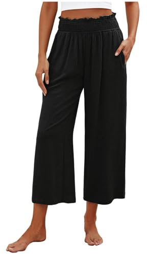 KHIRVWL Pantaloni Dritti Donna Vita Regolabile Cotone Lino Traspirante Gamba Dritta Elastica con Coulisse Elegante Tinta Unita Pants con Tasche per Ladies Offerte Lampo del Giorno