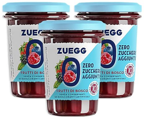 3X Confettura ZERO Frutti di Bosco, Marmellata Zero Zuccheri Aggiunti, Vegano e Senza Glutine, per zuegg 220g