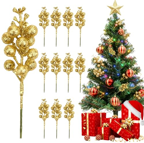 Zweige Deko Weihnachten, 12 PCS Stäbchen Weihnachten Glitzer Beeren Stiele, Rote Beeren schmücken Weihnachtsbaum, Weihnachtsbaum Deko Biegbar, für Baum DIY Handwerk Hochzeit Winter Kranz (Gold)