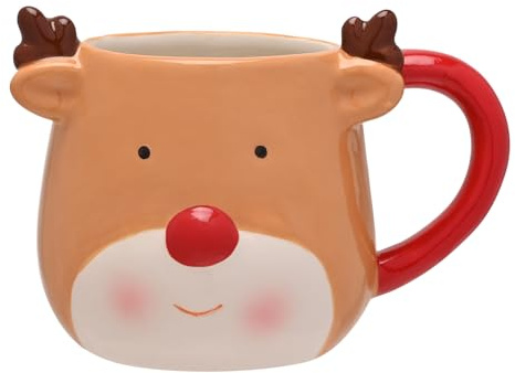 Widdop Reindeer Mug – Festive Ceramic Cup with Antler Detail and Red Handle – Cute Christmas Tableware for Hot Chocolate, Tea & Coffee – Fun Winter Gift for Family and Friends