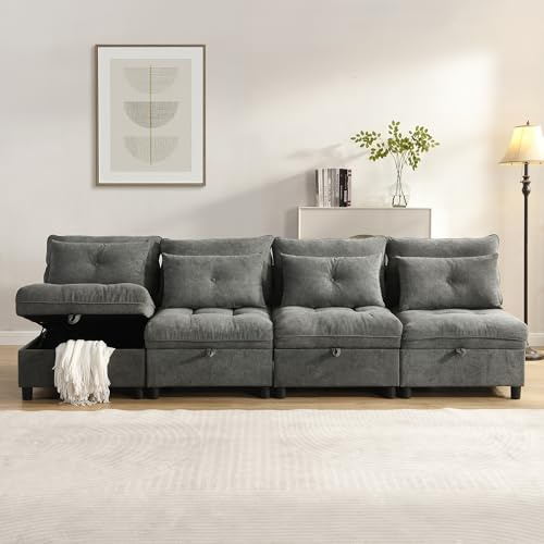 A ALFRESCOOL Modulares Sofa, Boneless Couch, Sofa mit Schlaffunktion, 4-Sitzer Trennbares Sofaset: Frei Kombinierbar| Stauraum Unter Allen| Sitzkissen| Chenille-Bezug, 274×76×87cm (Antikgrau)