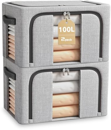 BOUDOI Storage Boxes,2 Pack 100L Clothes Storage Boxes With Steel Frame＆Double Opening Zip And Clear Window, Sided Zip Top Lid, With Reinforced Handle for Storing Bedding, Blankets
