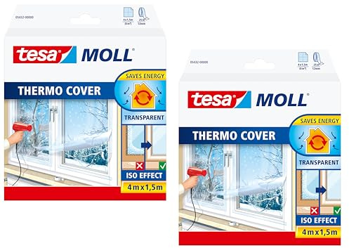 tesa INSULATION Fenster-Isolierfolie - Transparente Isolierfolie zur Wärmedämmung an Fenstern - Inklusive praktischer Klebelösung - 4 m x 1,5 m (Doppelpack)
