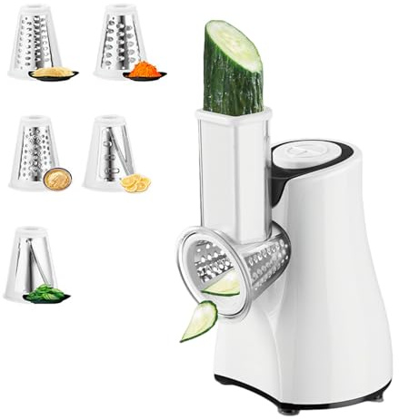 Gemüseschneider Elektrisch 800W, Käsereibe mit 5 Trommelblättern, Automatischer Reibe- und Schneidemaschine,Mehrstufig Einstellbar,Geeignet für Käse, Gemüse und Obst