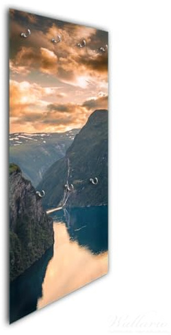 Wallario Wandgarderobe aus Glas in Größe 50 x 125 cm in Premium-Qualität, Motiv: Fjord bei Sonnenuntergang | 7 Kleiderhaken zum Aufhängen von Jacken