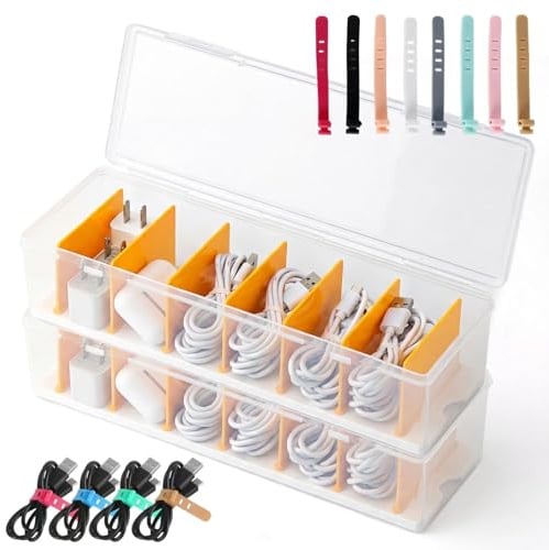 Dexpally 2 Pcs Cable Management Box with Lid Cable Storage Box Data Cables Tidy Boxes with 7 Compartment & 16 Cable Ties Charging Cables Organiser for Office, Home (Transparent)