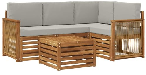 vidaXL Outdoor-Sofagarnitur 5 pcs Natürlich und Hellgrau, Moderner Garten-Sofaset, Coole Terrassenmöbel, zeitgemäße Lounge, modulares Design, Akazien-Elemente