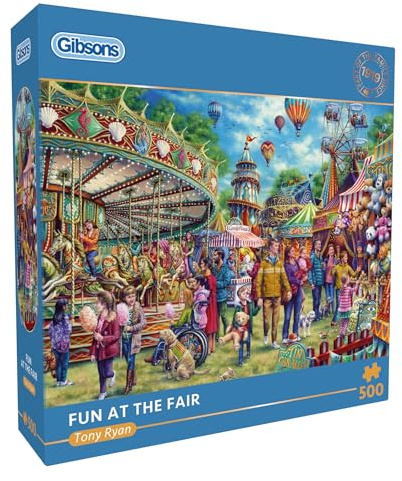 Gibsons Fun at the Fair 500 Piece Jigsaw Puzzle for Adults - Vibrant Fairground Scene Artwork by Tony Ryan, Premium Sustainable Puzzle Made in the UK/EU - Great Gift
