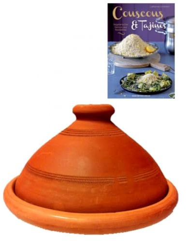 2er-Set Original Tajine Tagine 26 cm, Vegetarischer Genuss Nordafrika | Handgetöpferte, unglasierte Tajine aus naturbelassener Lehmerde inklusive vegetarischem Kochbuch und Gebrauchsanweisung.