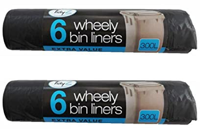 2 Pack Of 6 Wheelie Bin Extra Large Liners 300L Black Dustbin Rubbish Tip Refuse Sacks Waste Garbage Thick Big Bags Super Strong Heavy Duty