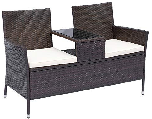 Outsunny Banc de Jardin Design Contemporain 133L x 63l x 84H cm Banc Double Chaise avec Coussins Assise + Tablette intégrée résine tressée Chocolat Polyester crème