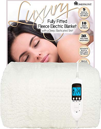 Homefront Single Size Electric Blanket Premium Fleece Fitted Heated Mattress Cover Underblanket 203 x 107 x 40cm with Elasticated Skirt, Fast Heat Up Time (Single)