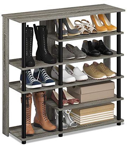 Furinno TURN-N-TUBE Shoe Rack, 5-Tier Shoe Organizer, Shoe Storage Shelf with Multi-Level Storage, 11.8 x 35.2 x 36.4, for Closet Entryway, Office, Garage, French Oak/Black