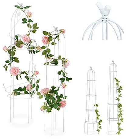 Relaxdays Set da 2 Graticolati con Uccellini, H: 117 e 97 cm, Sostegni da Terra per Aiuole, Piante Rampicanti, Bianco
