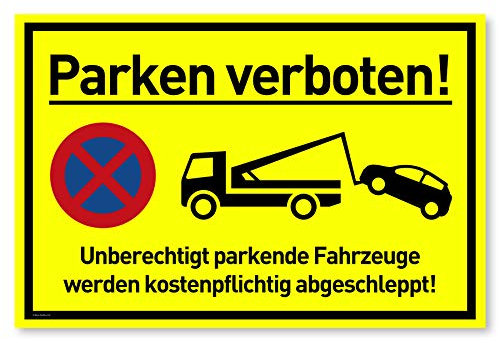 Privatparkplatz Schild Parken Verboten (30x20 cm Kunststoff) - Fahrzeuge werden kostenpflichtig abgeschleppt - Klares Zeichen für Parkverbot - Parkplatz Schilder Privatgrundstück (Neongelb)