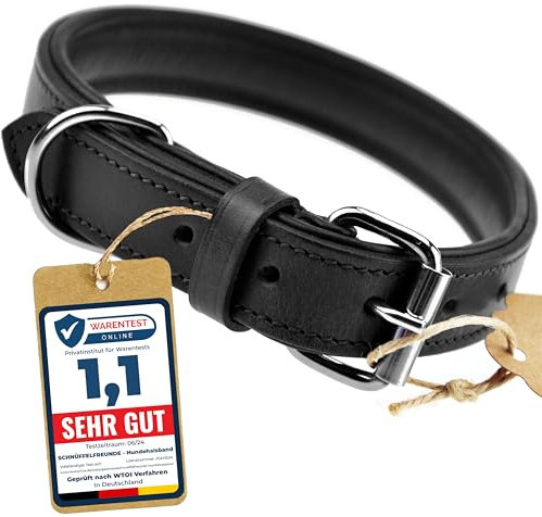 Schnüffelfreunde Halsband für Hunde aus Leder, Hundehalsband für den großen, mittleren und kleinen Hund, Lederhalsband gepolstert, robust (M - 28-36cm, Schwarz)