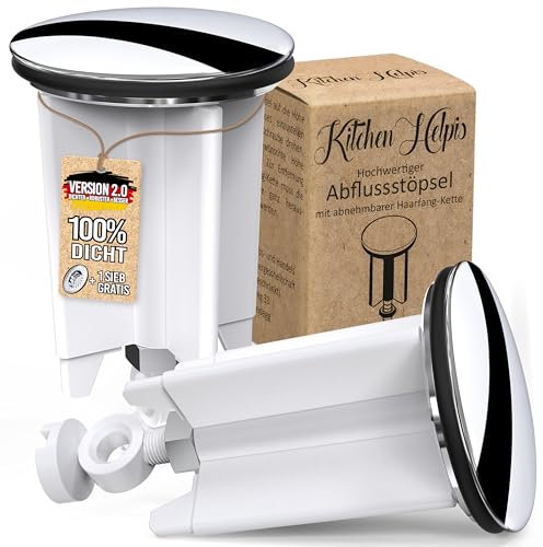 Kitchen Helpis® 2 Tapón de Desagüe de Calidad (blanco), ⌀ 40 mm, altura ajustable entre 6,5 cm - 9,5 cm, Tapón universal Lavabo, Tapones para todos los Desagües estándar, Tapones Baño, Tapón fregadero