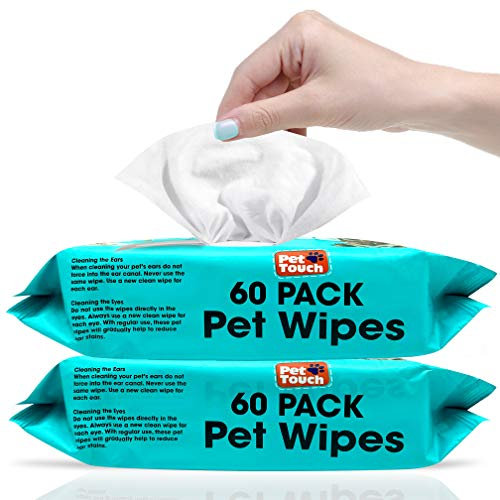 Pet Touch X 60 Pack All Purpose PET WIPES for daily Cleaning of your Dogs and Cats Deodorizing ALCOHOL FREE and WET Moist Dog Paw Cleaner & Dog Ear Cleaner Wipes Pack (120 Wipes)