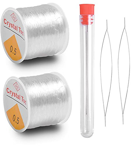 2 Pezzi 100 m Filo Elastico Trasparente, Filo di Perline per Bracciali, 0,5mm Filo Gioielli Elastico per Braccialetti, Lavori Artigianali Decorazione da Appendere, con 2 Aghi per Perline