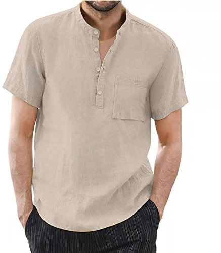 Men's Linen T-Shirt Pure Cotton Buttoned Short Sleeve Shirt Khaki XXL