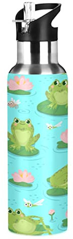 Vnurnrn Fleur De Lotus Bébé Grenouille Animal Bouteille d'eau Isotherme avec Paille en Acier Inoxydable Gourde 600ML, Sans Bpa Gourdes Eau pour Enfant Sport Randonnée École Bureau